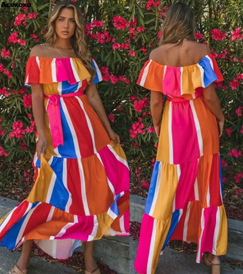 

New color print one-line shoulder pleat dress