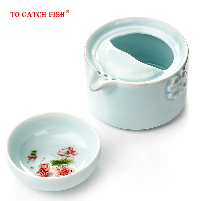 

High quality elegant gaiwan,Celadon 3D Carp Kung Fu Tea set Include 1 TeaPot 1 TeaCup,Beautiful and easy teapot kettle.
