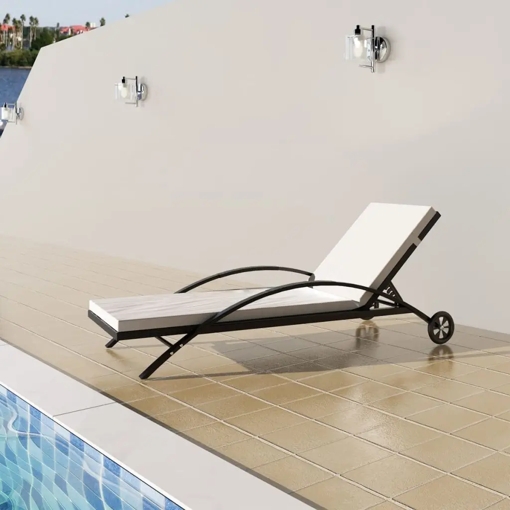 S For Pool Outside Deck With Cushion & Wheels Poly Rattan Black