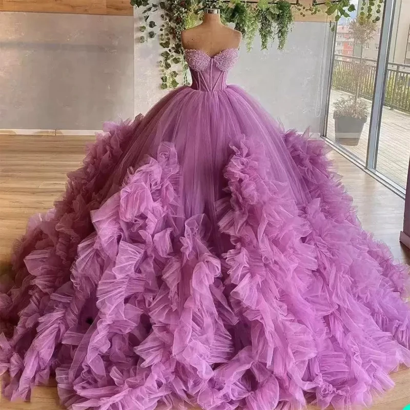 

2023 Light Purple Ball Gown Quinceanera Dresses Tiered Ruffles Beading Tulle Women Sweet 16 Formal Party Robe De Soiree Elegant
