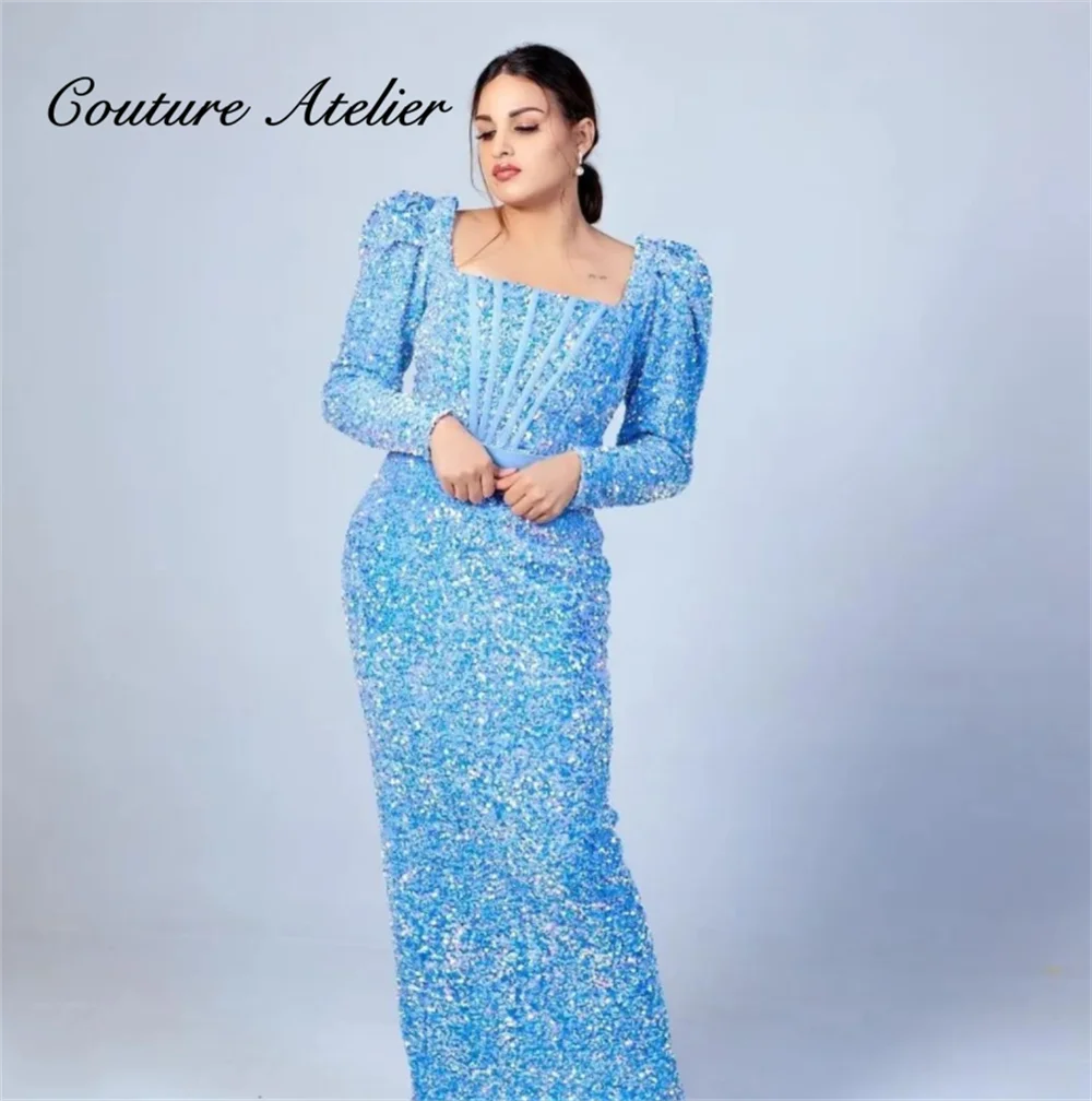 Купи Sky Blue Sequin Dubai Party Dresses Women Evening 2022 Muslim Long Sleeve Wedding Dress Mermaid Dinner Gowns Elegant Arabic за 9,600 рублей в магазине AliExpress