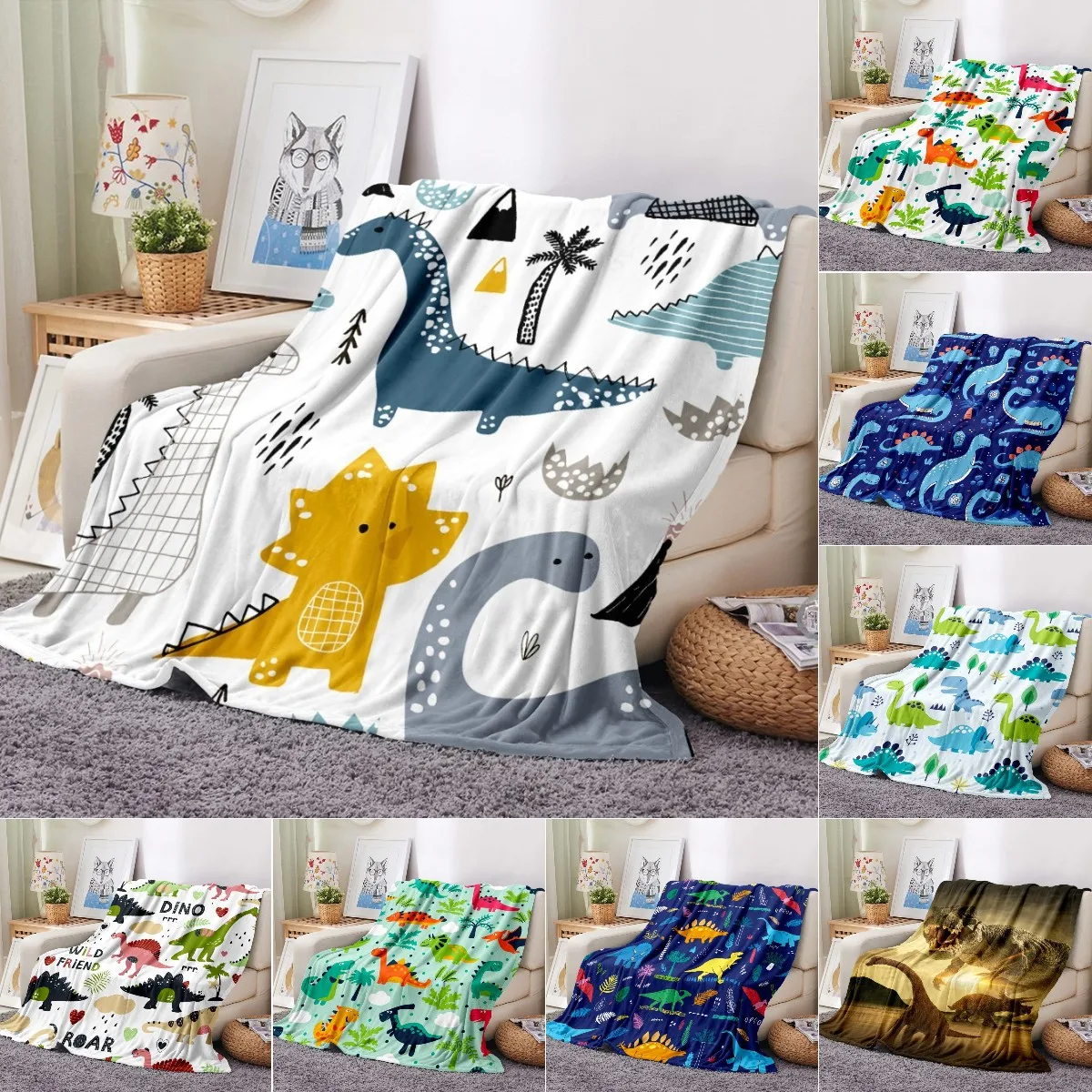 Cartoon Dinosaur Throw Blanket Soft Flannel Blanket for Chair Travelling Camping Kids Adults Bed Couch Cover Winter Queen King