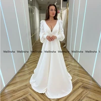 weilinsha v neck white italian satin cap sleeve full sleeve wedding dresses zipper back bridal gowns 2022 summer robe de mari%c3%a9e
