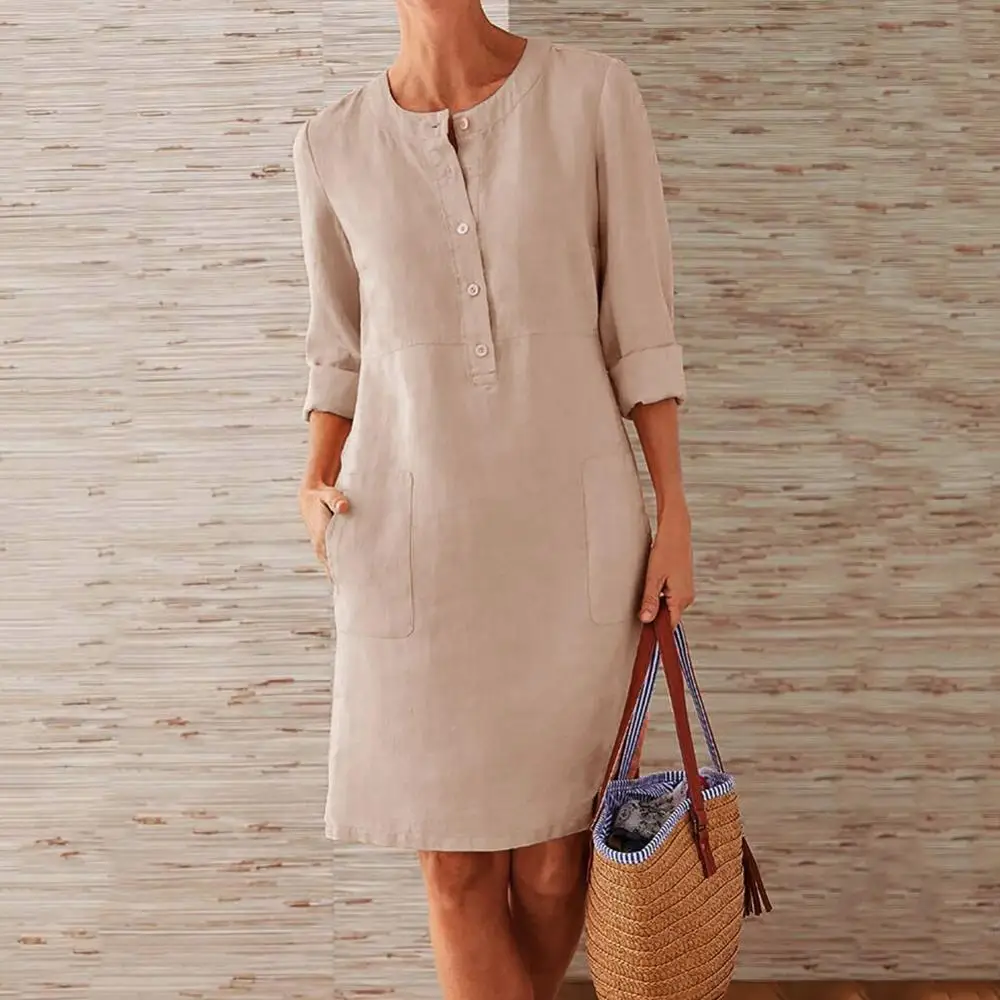 

Spring Cotton Linen Dress Fashion Button O-Neck Knee Party Dress Women Long Sleeve Pocket Solid Dresses