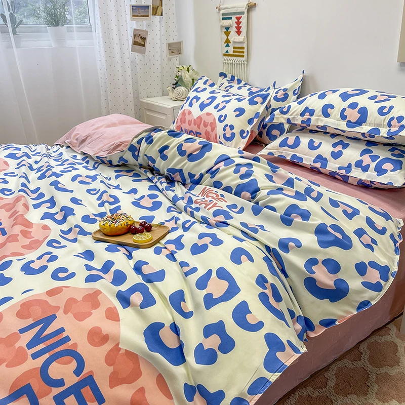 

3/4pcs Leopard Print Washed Cotton Bedding Set Duvet Cover Bed Flat Sheet Summer Quilt Bedspread Cover Twin Full Queen King Size