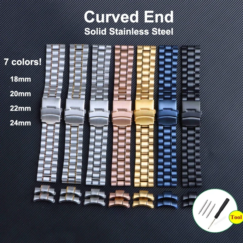 

Arc End Solid Steel Watch Strap 18mm 20mm Stainless Steel Watchband 22mm 24mm Folding Buckle Bracelet Curved End Adapters