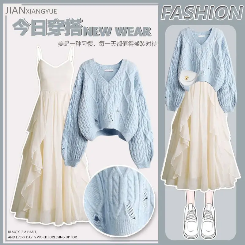 

Two Piece Set Female Sweater Dress Autumn Winter High Waist Dress Knitted Top Femme Medium Long Party Dresses Suit