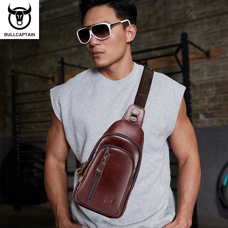 BULLCAPTAIN Men's Leather Shoulder Crossbody Chest Bag Head Layer Cowhide Fashion Multifunctional Sports Casual Chest Bag