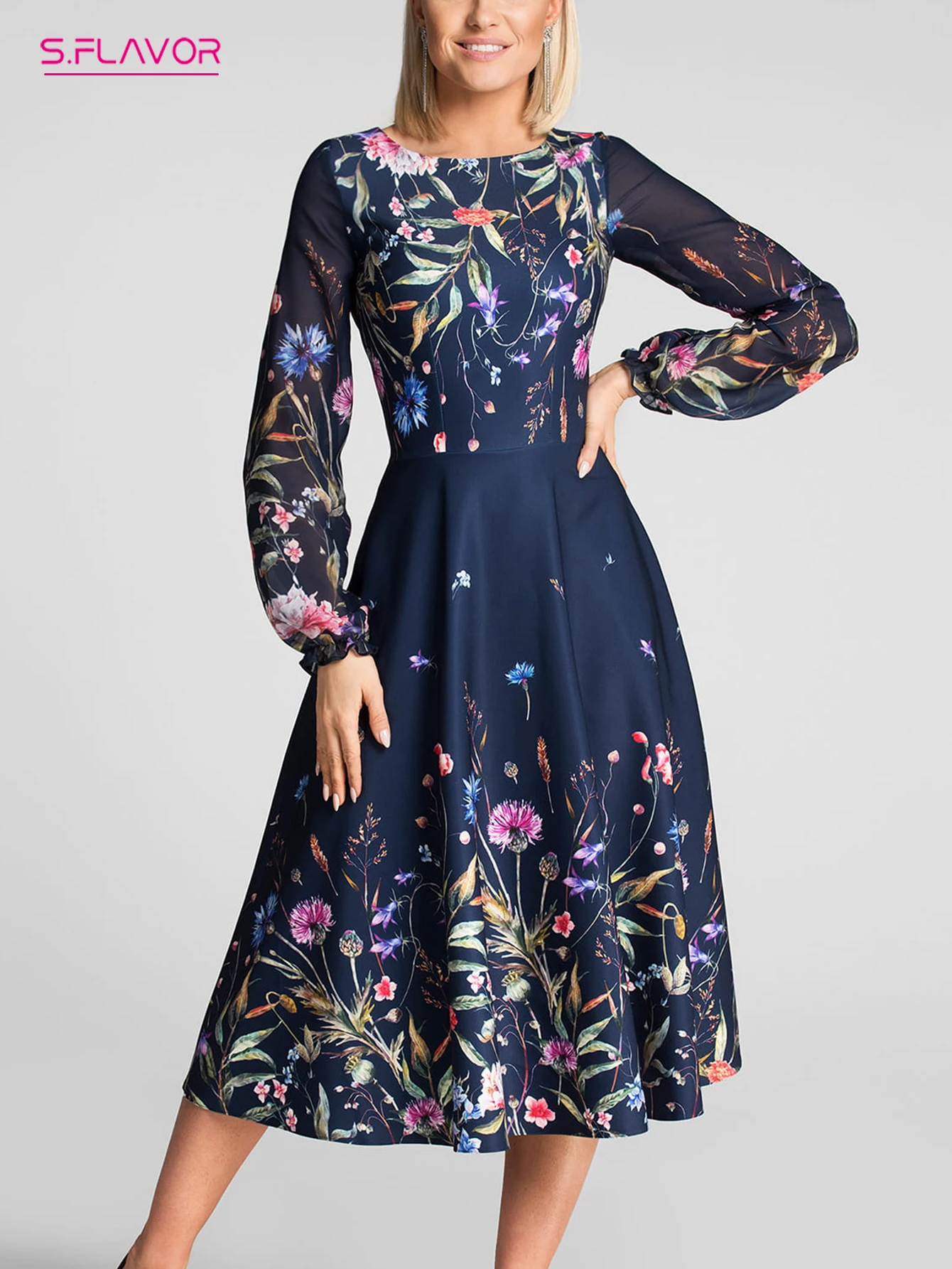 

S.FLAVOR Women Spring Flower Print Dress O Neck Casual Long Sleeve A Line Mid Dress Female Elegant Party Vestidos 2022