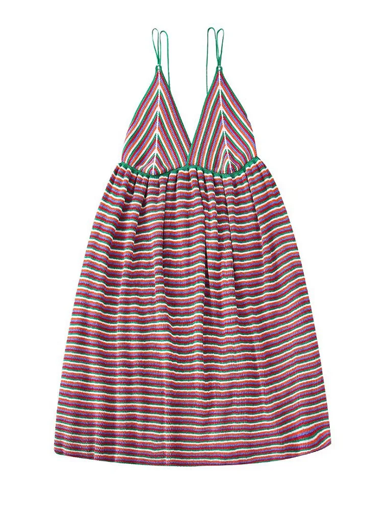 

YLJHQX Women 2022 New Fashion Striped Knit Dress Vintage V-Neck Spaghetti Straps Backless High Waist Female Dress Vestidos Mujer