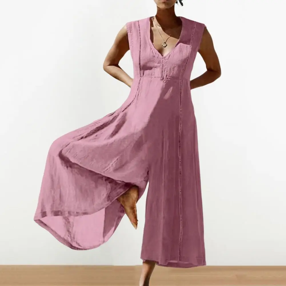 Stylish Women Jumpsuit Wide Leg Mid-calf Length Vintage Women Jumpsuit  Deep Crotch Lady Summer Jumpsuit Women Garment
