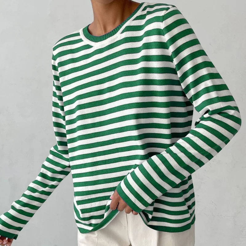 

Women Fashion Striped Loose Sweater Elegant Knitted Long Sleeve O Neck Pullover 2022 Autumn Winter Korean Jumper Y2K Tops