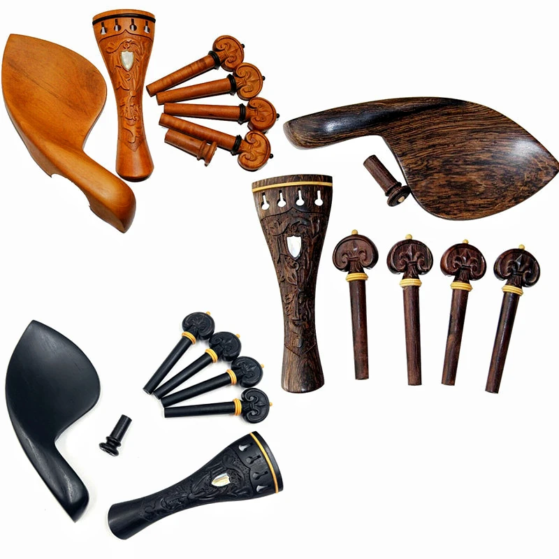 Juego de accesorios de madera de ébano para violín, conjunto de accesorios con 4/4 patrones tallados, pieza trasera, clavijas de afinación, pasadores, soporte para Barbilla, 1 set