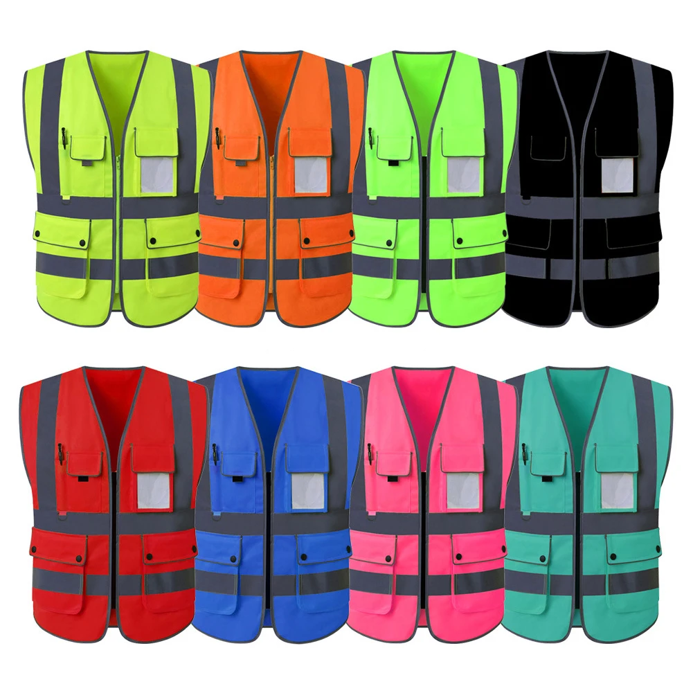 High Visibility Reflective Vest Zipper Front Safety With Strips Construction Workwear