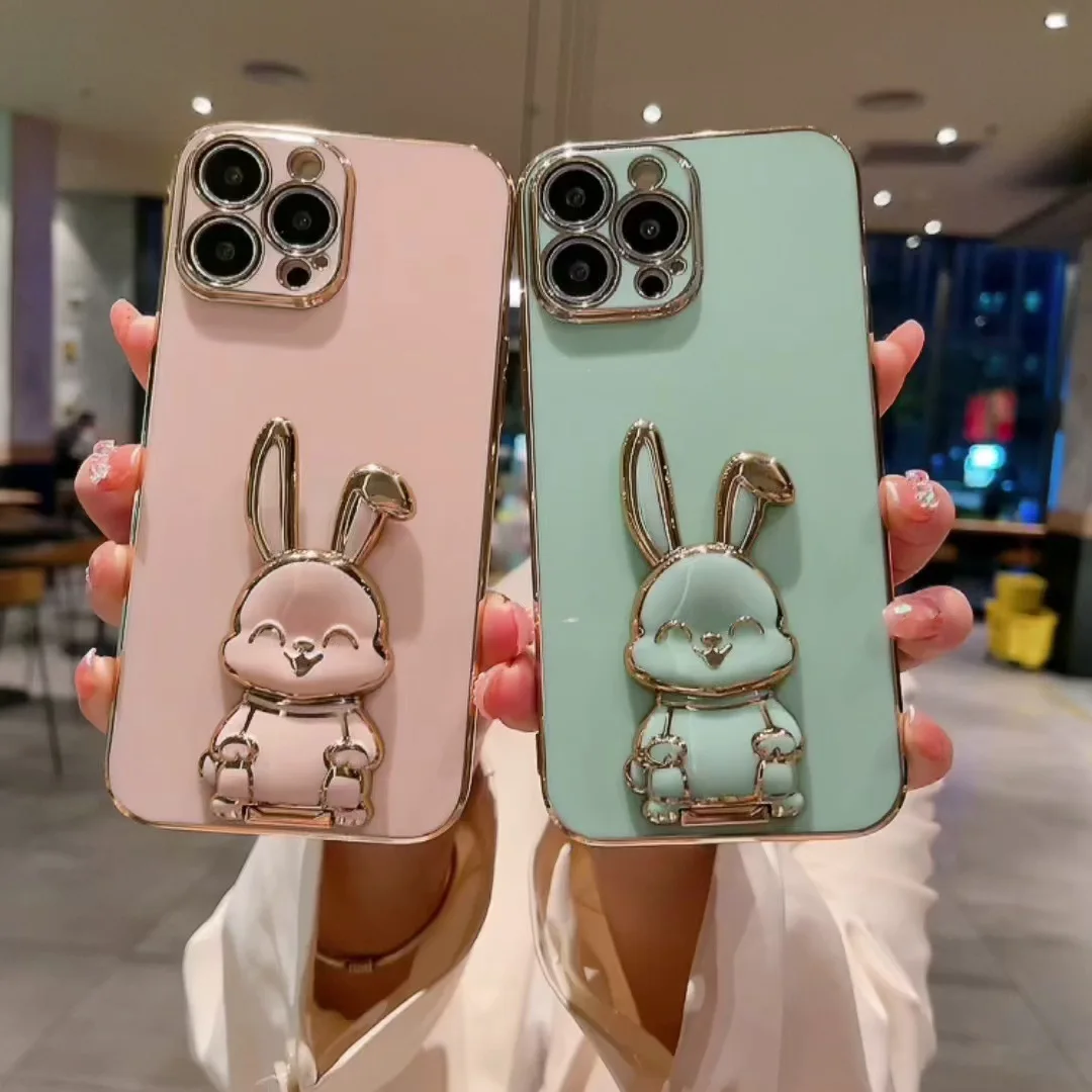 

Rabbit Bracket Phone Case New Electroplating All-inclusive for IPhone13 14 Pro Max 12 Mini 11 XS XR X 7 8Plus Protective Cover