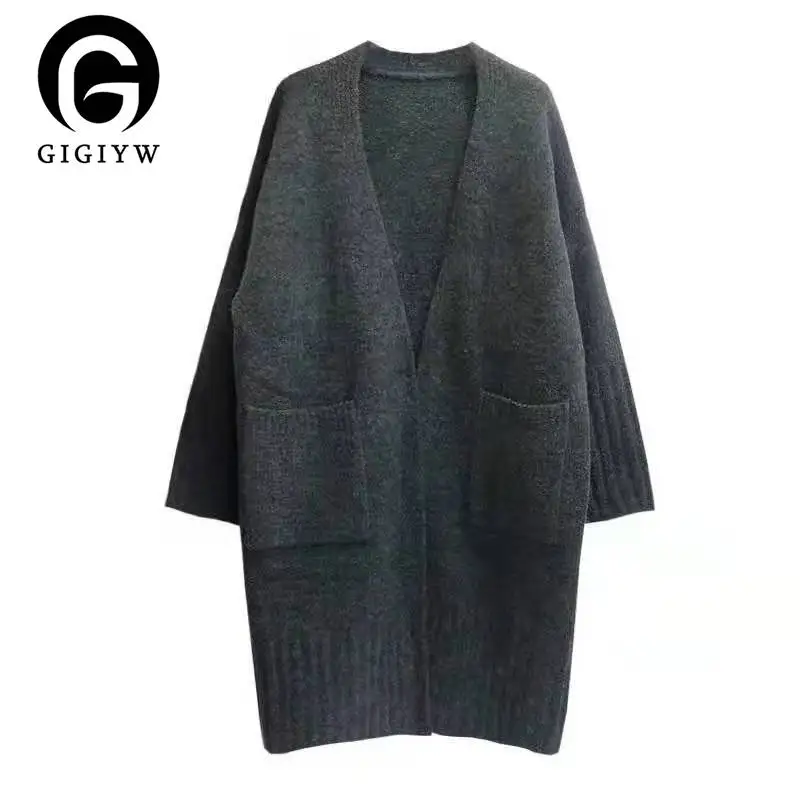 

GIGIYW Autumn Winter 2022 New Style Slouchy Style Knee Length Thickened Sweater Cardigan Women's Loose Medium Length Outerwear