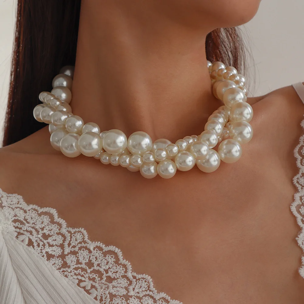 

Pearls Necklace Statement Big White Imitation Pearl Choker Necklace Clavicle Chain Fashion Necklace For Women Wedding Jewelry