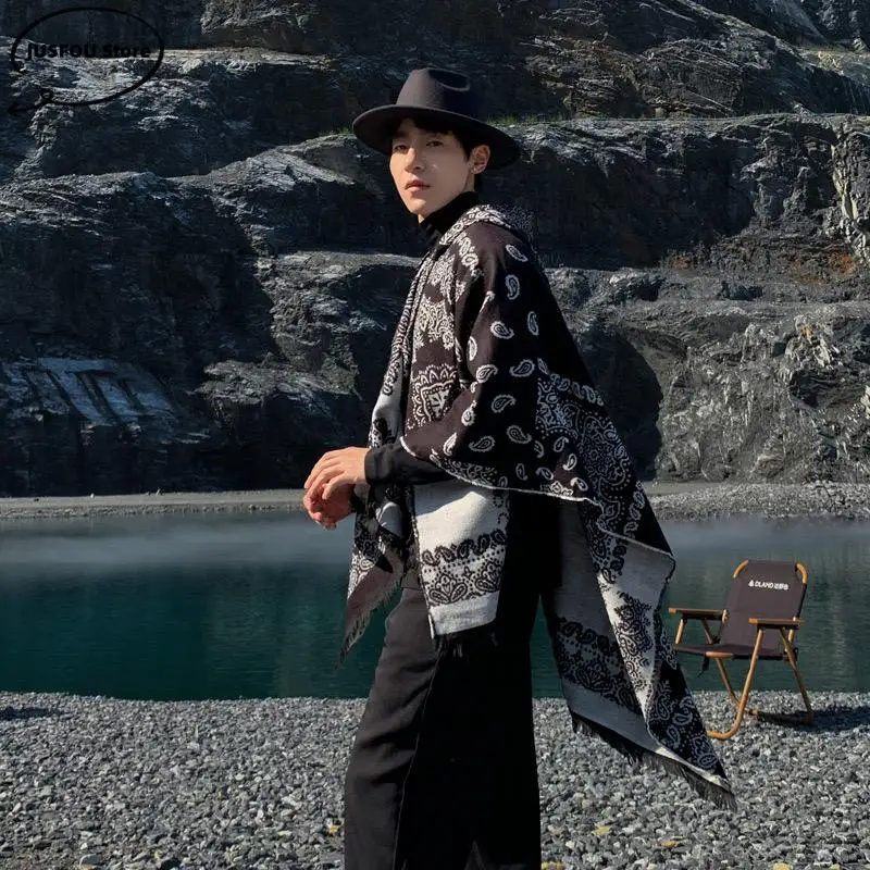 Пончо из искусственного кашемира мужской плащ с капюшоном теплая шаль накидки