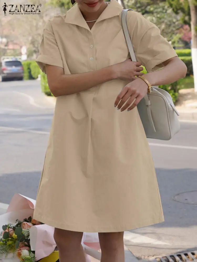 

ZANZEA Causal Mini Shirt Dress Elegant Women's Dresses Summer Knee Length Vestido Loose Short Sleeve Robe Holiday Maxi Sundress