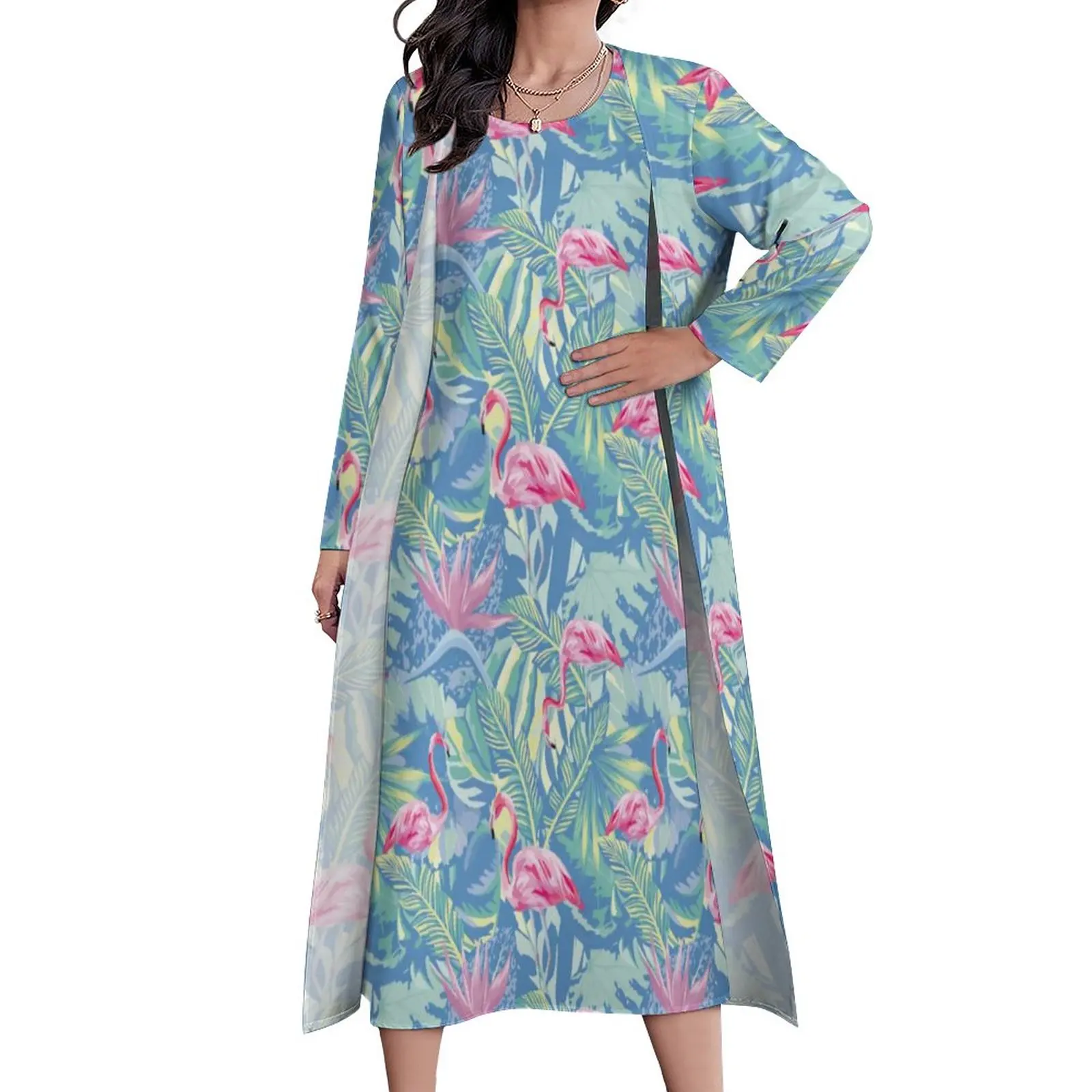 

Palm Leaves Dress Tropical Pink Blue Flamingo Kawaii Maxi Dress Fashion Bohemia Long Dresses Summer Long Sleeve Custom Clothes