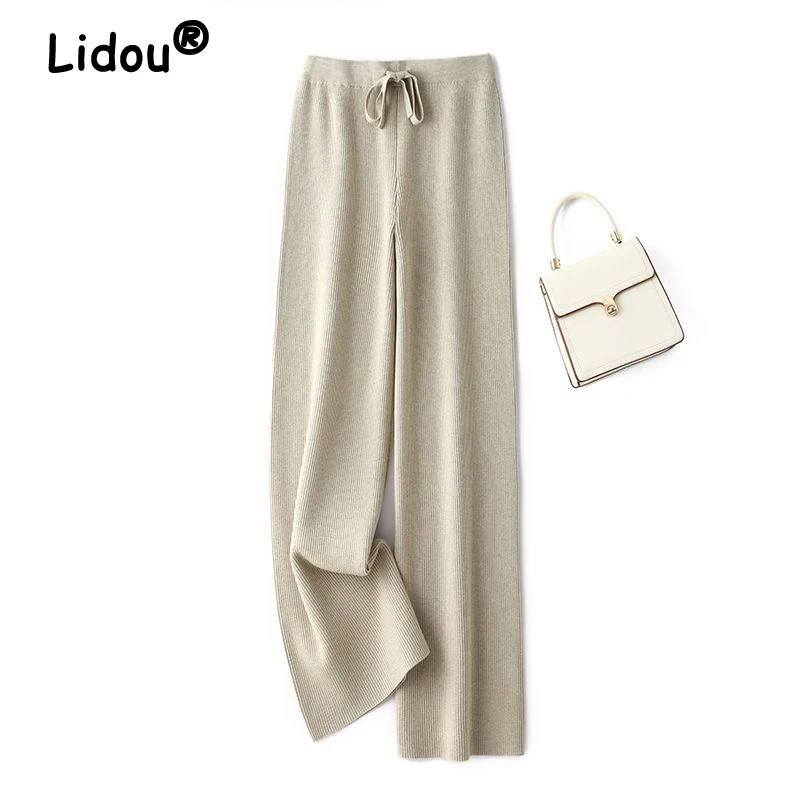 Брюки женские кашемировые трикотажные с широкими штанинами и высокой талией