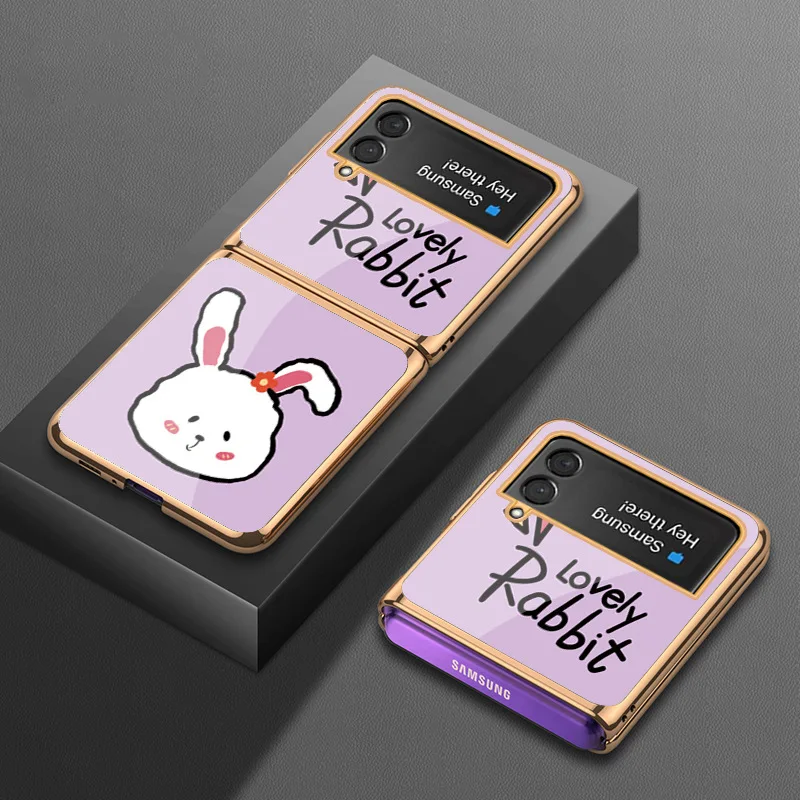 

Cute Cartoon Protective Case for Samsung Z Flip3 Case Luxury Plating Tempered Glass + Hard PC Cover for Galaxy Z Flip4 Case