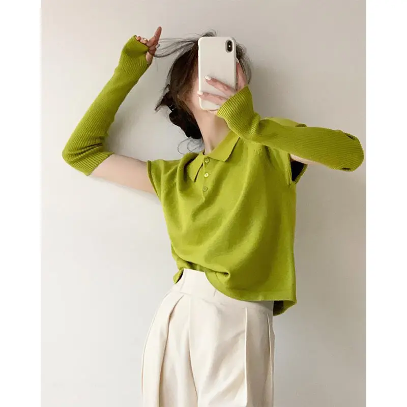 

Turn Down Collar Half Button Green American Retro Sweaters Tshirts Oversleeve Knitted Streetwear Women Y2k Pull Femme Tops