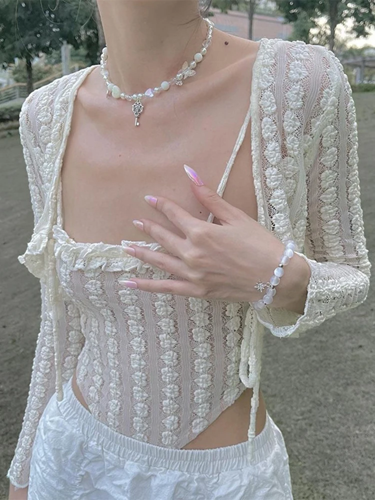 

Укороченный Топ с длинным рукавом, бандажный Топ, Женская футболка из 2 предметов, Майки с оборками и оборками, Укороченный кардиган, вечерня...