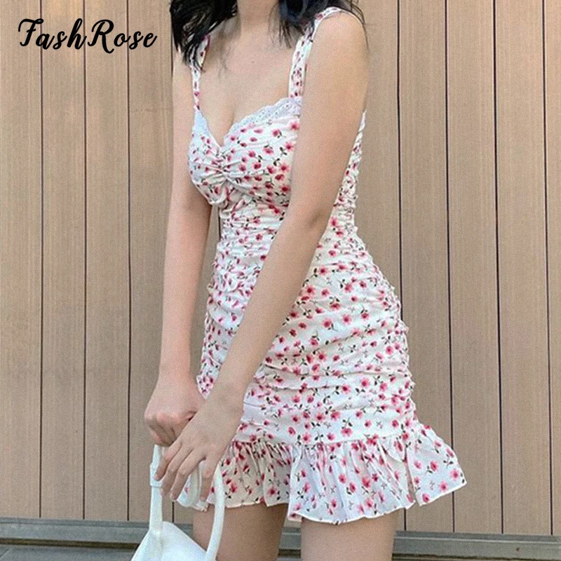 

FASHROSE Coquette Aesthetic Ruched Floral Mini Dress Strap Bodycon Ruffle Lace Trim Sweet Milkmaid Dresses Women Cottagecore New