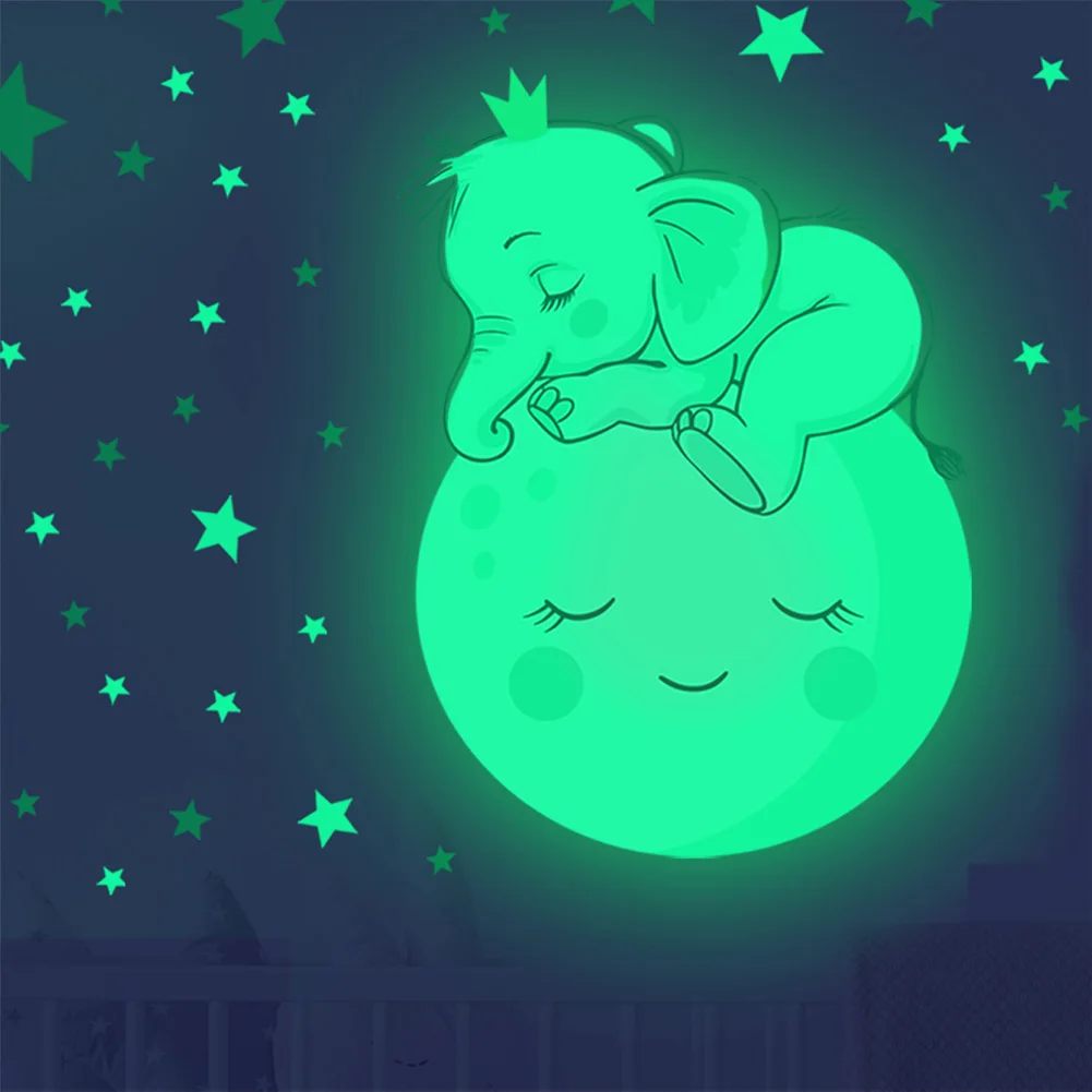 Moon Baby Elephant Sleeping Luminous Wall Sticker Kids Room Украшения для спальни Наклейки Светящиеся в