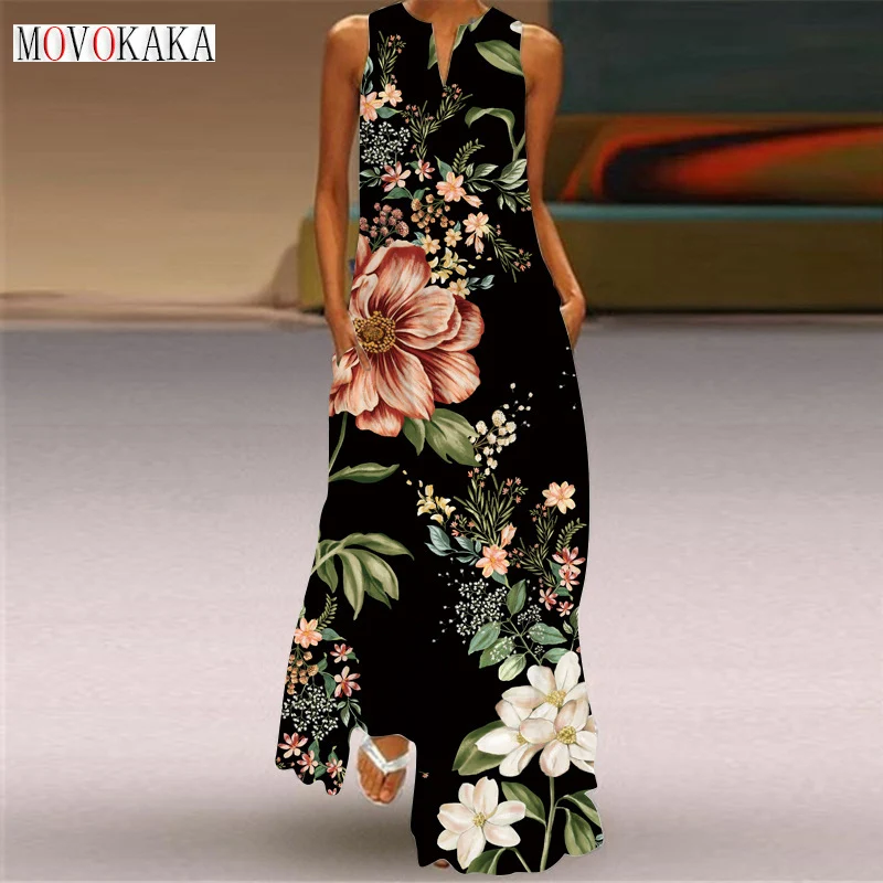 

MOVOKAKA Ladies Spring Summer Black Long Dress Sleeveless Loose V-neck Flower Print Boho Elegant Dresses Party Beach Maxi Dress