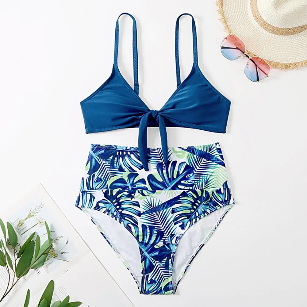 

Sexy 1 Set Popular Clear Printing Bra Briefs Set Lace-up Bikini Set Wireless for Water Activity