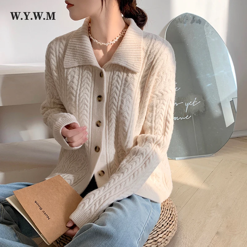 

WYWM 7 Colors Solid Knitted Cardigans Women Korean Vintage Turn-down Collar Sweater Coat Lazy Oaf Long Sleeve Female Jumpers