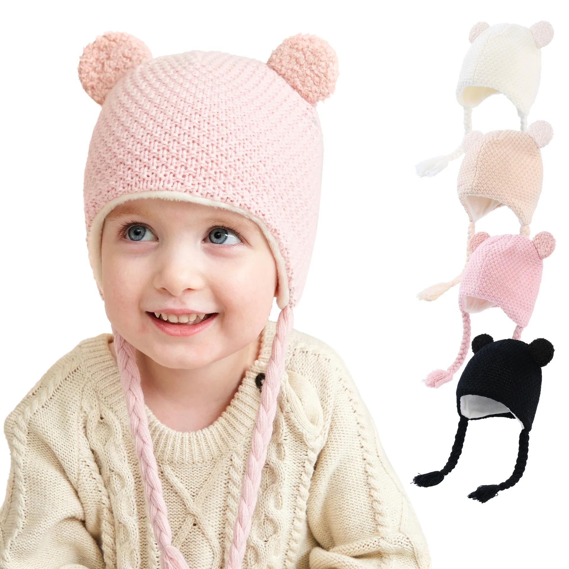 

New 2022 Winter Solid Color Baby Knitted Wool Hat Fried Dough Twist Braid Ear Protection Plush Warm Children's Cap 1 2 3 4 Years