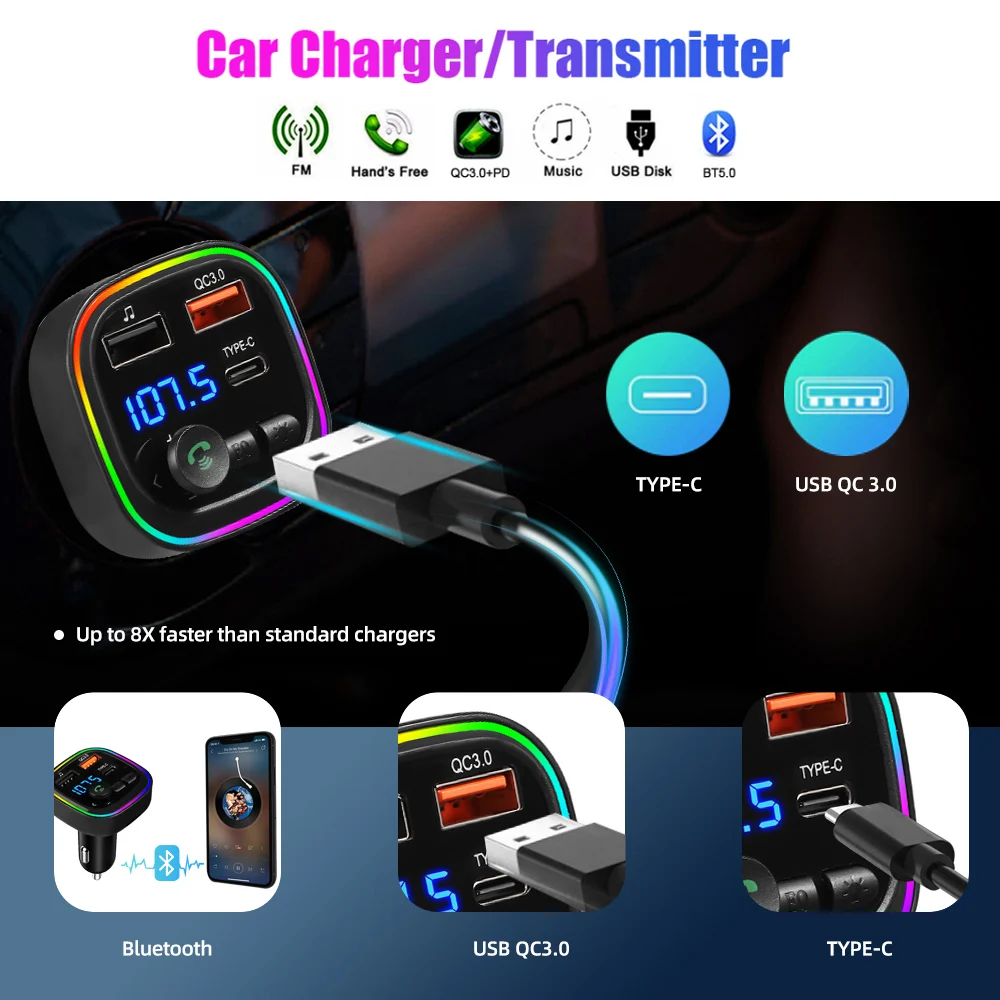

Car Bluetooth 5.0 FM Transmitter PD Type-C Dual USB QC3.0 Charger Ambient Light Handsfree MP3 Modulator Player Audio Receiver