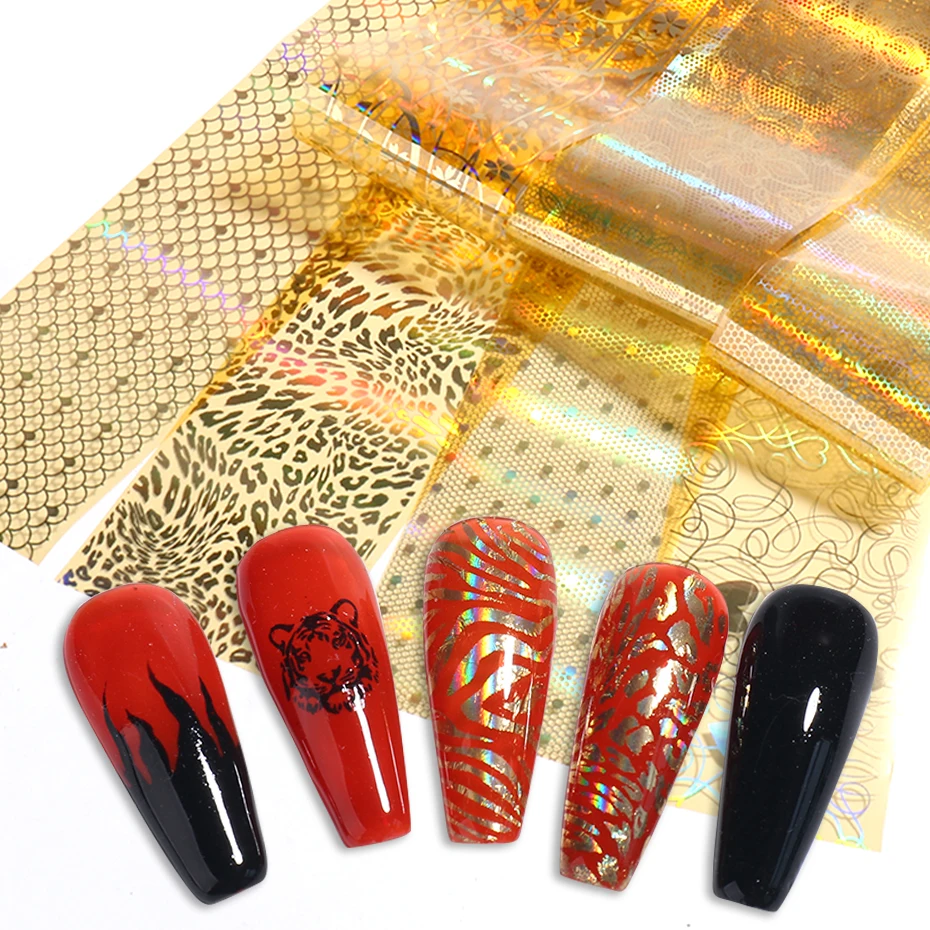 Золотые лазерные наклейки из фольги для дизайна ногтей новогодний Тигр анимналы