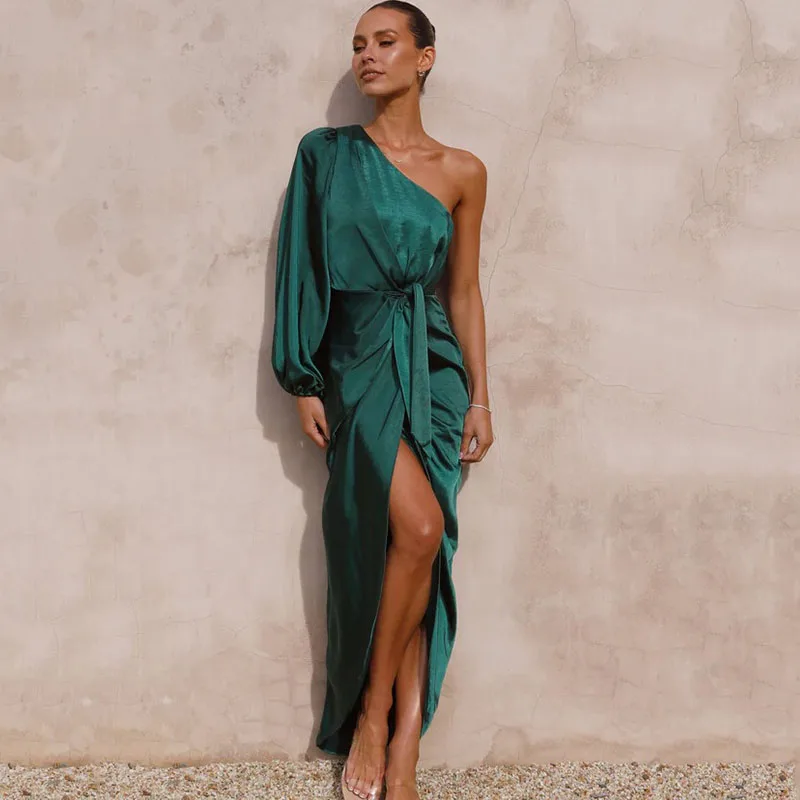 Женское атласное платье средней длины Ardm элегантное облегающее длинное с косым