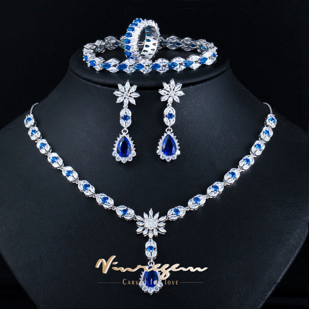 

Vinregem Bohemia Synthesis Sapphire Gem Anniversary Ring/Necklaces/Earrings/Bracelets for Women Luxury Water Drop Jewelry Set