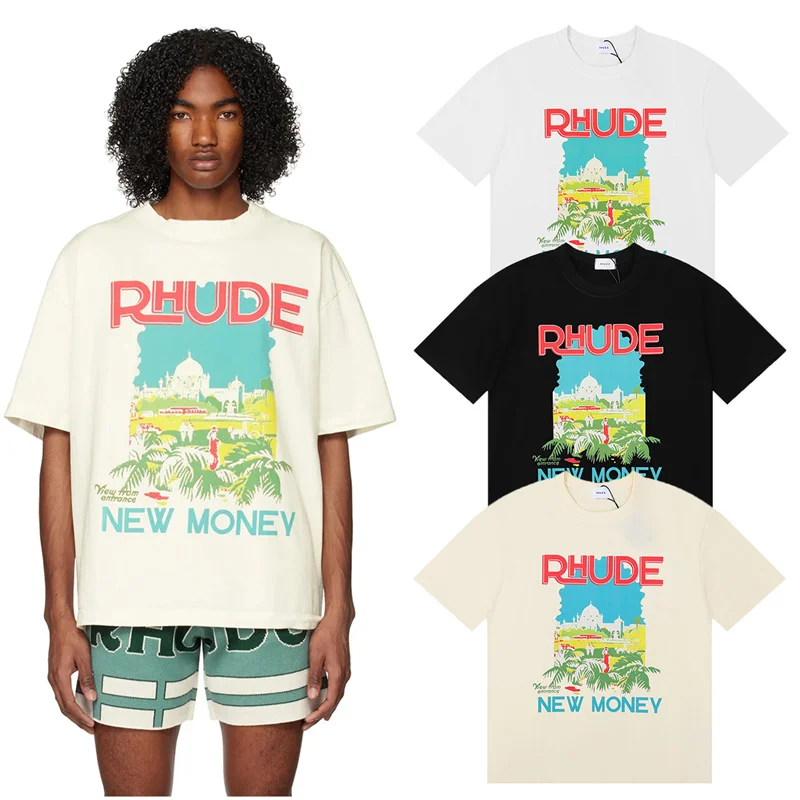 

2023ss Rhude Castle Coconut Windowsill View Double Yarn Cotton Casual Loose Short-Sleeved T-Shirts For Men And Women