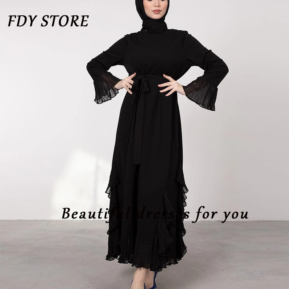 

FDY Store Prom High A-line Ruffle Sash Ankle-length Full Sleeve Muslim Cocktail Ball-gown Dress Formal Occasion Party for Women