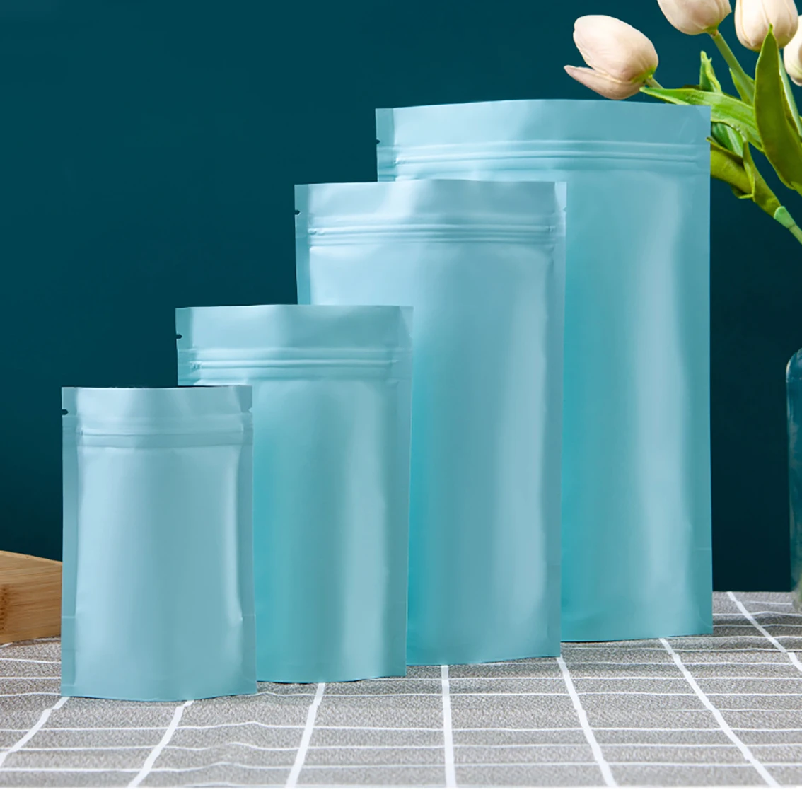 

100Pcs 18 Wire Matte Blue Aluminum Foil Ziplock Stand Up Packaging Bag Candy Gift Small Storage Pouches Sample Bags