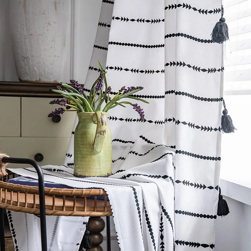 American Curtains Bohemian Black Stripes Printed Handmade Large Hanging Spikes Translucent Three Ways Rod Punch Hook |