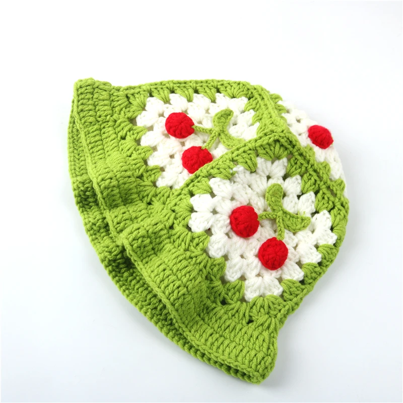 

Green Bucket Hat Cute Cherry Decoration Spring and Autumn Wool Knitted Japanese Basin Cap Fashion All-match Women's Hats