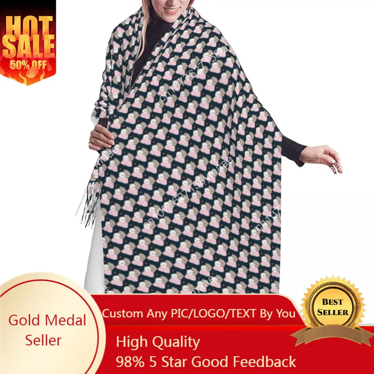 

Custom Saudi Arabia Peach And Goma Cuddling Cat Pattern Tassel Scarf Women Soft Versatile Shawls Wraps Female Winter Scarves