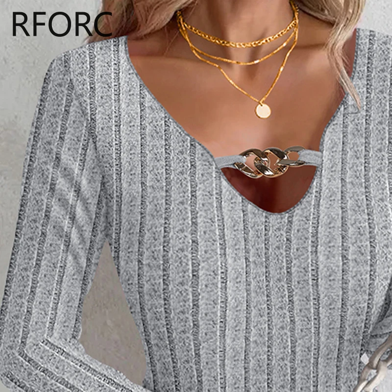 Женская трикотажная Базовая Блузка с длинными рукавами и V-образным вырезом |