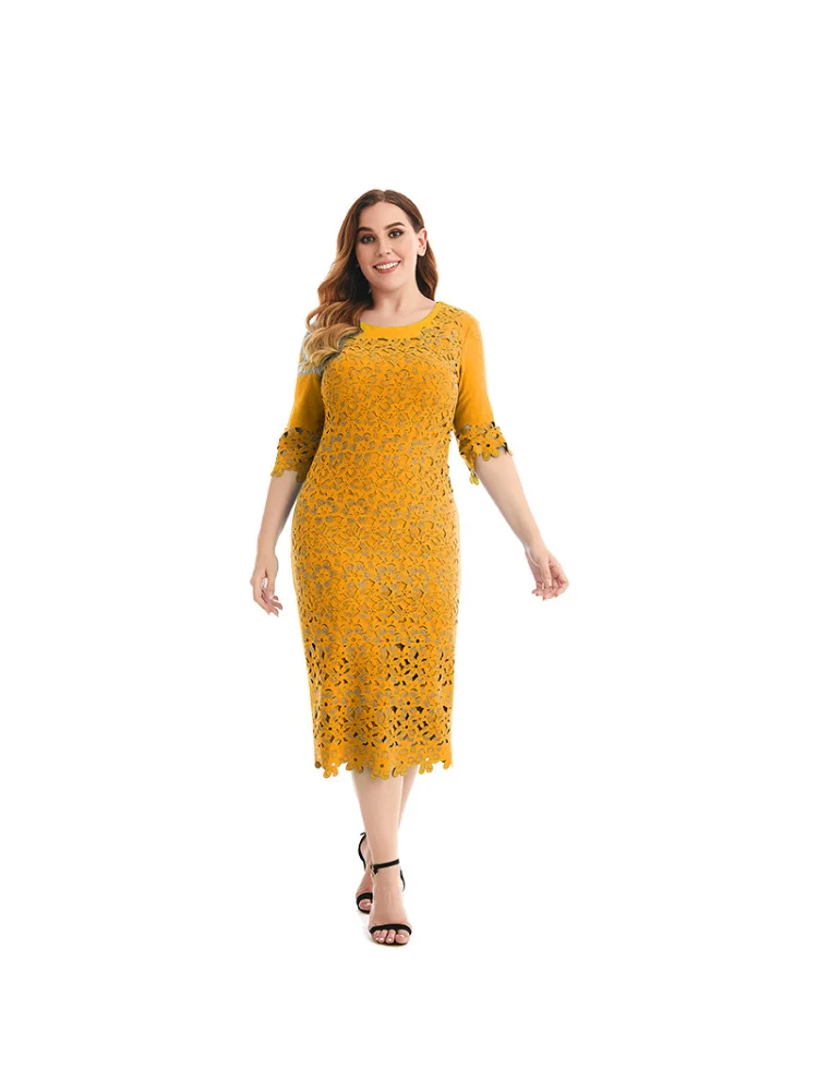 Summer plus size women twisted silk material rhinestone openwork craft dress plus size outfits  party dresses