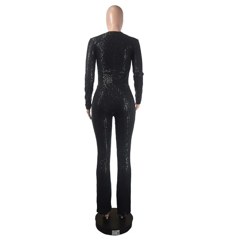 Women's Jumpsuit Spring 2023 New Product Bra Long Slim Long Sleeve Sequin Jumpsuit Women Elegant Long Jumpsuits Without Belt