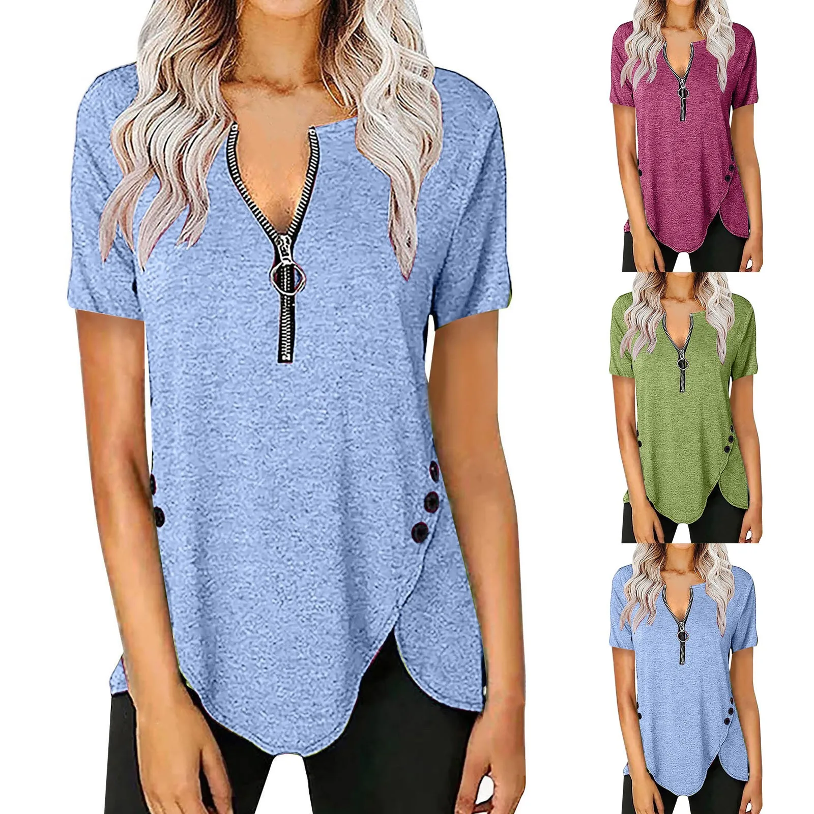 

Women's Blouses And Shirts Casual Gradient Zipper V-neck Blusas Harajuku Summer Beach Wear Tunic Tops Loose Short Sleeve Kimono