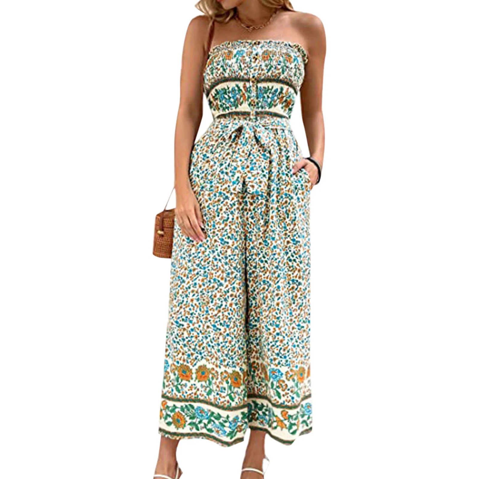 

Комбинезон с карманами, женский топ без рукавов с поясом, повседневный свободный дымчатый комбинезон, комбинезоны, широкие женские комбине...