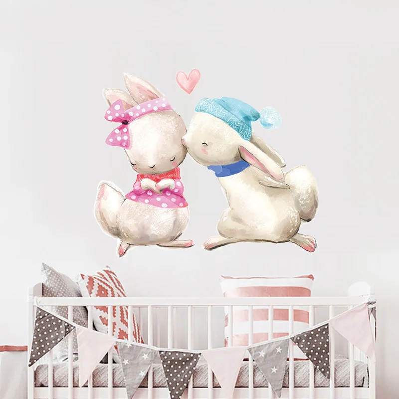

Милый кролик, цветок, настенные наклейки для детей, девочек, для детской комнаты, спальни, детской комнаты, Декор, Мультяшные животные, обои, ...